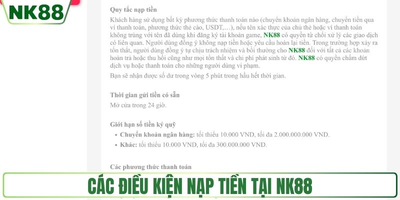 Các điều kiện nạp tiền tại NK88