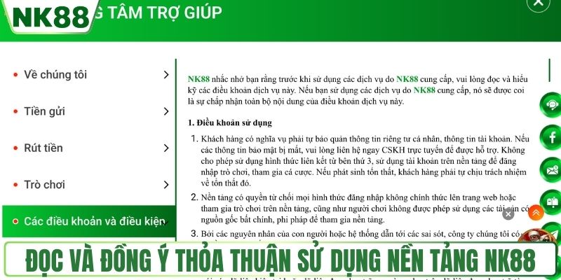 Đọc và đồng ý thỏa thuận sử dụng nền tảng NK88
