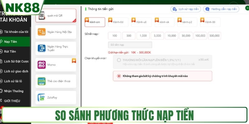 So sánh phương thức nạp tiền